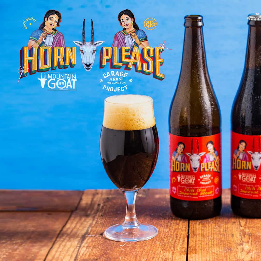 image logo horn please, two bottles of horn please beer and an ice cold glass of chai stout beer