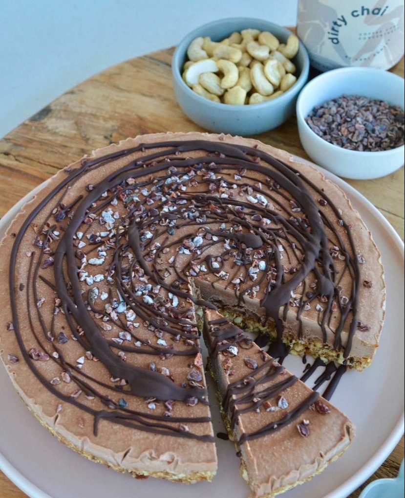 Raw Chocolate Dirty Chai Cake with chocolate swirls
