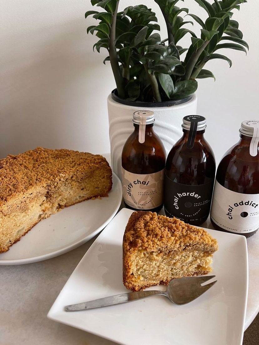 slices off chai apple crumble cake