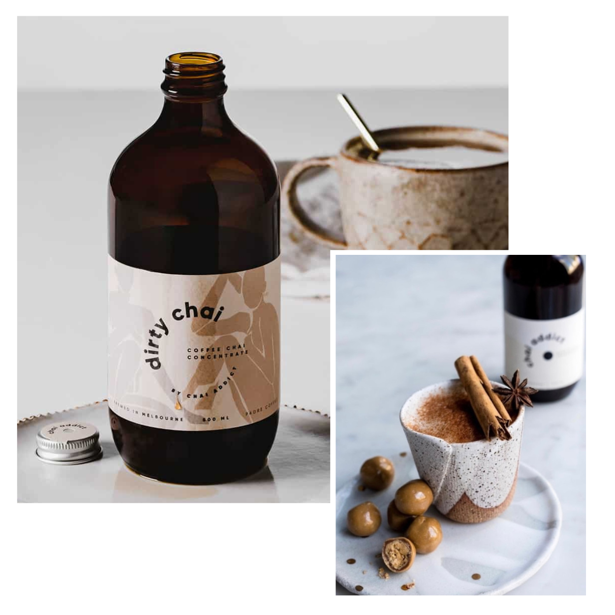 Aromatic chai latte served in a ceramic mug, adorned with cinnamon sticks and star anise, embodying the essence of comfort and indulgence