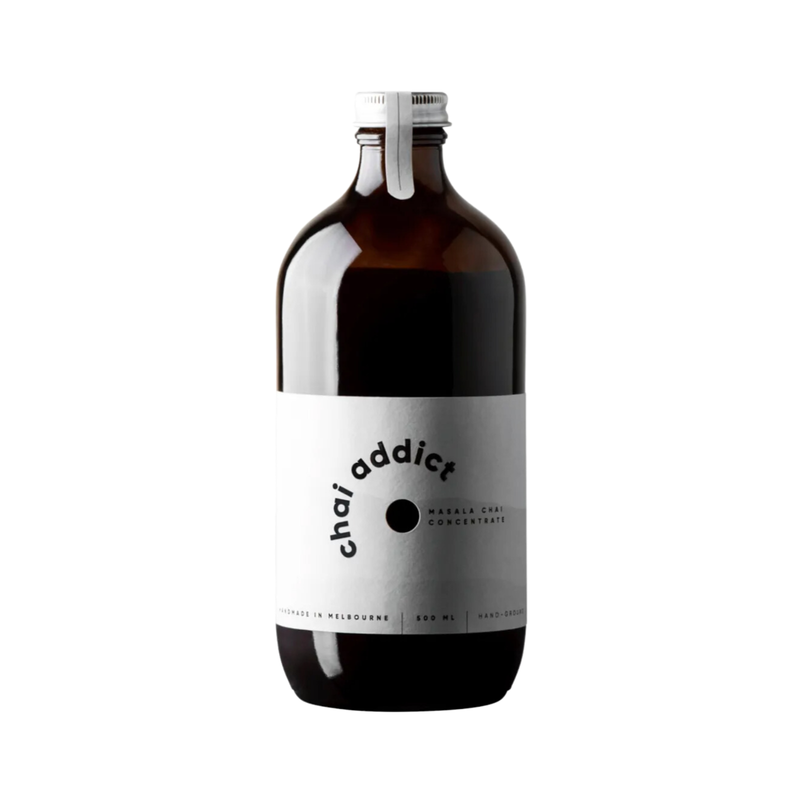chai addict masala chai concentrate by chai addict bottle with a white label, 500ml