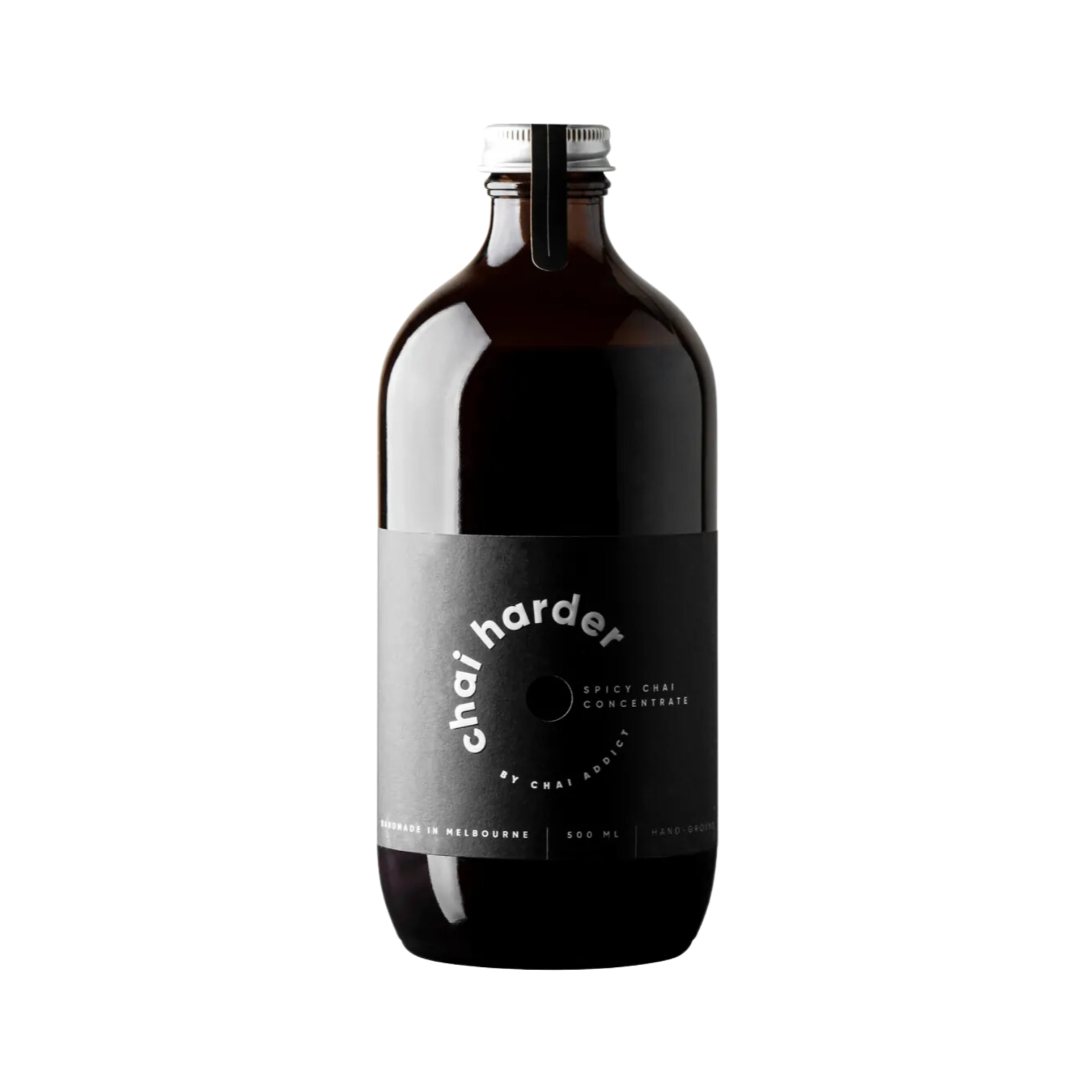 chai harder spicy chai concentrate by chai addict bottle with a black label, 500ml