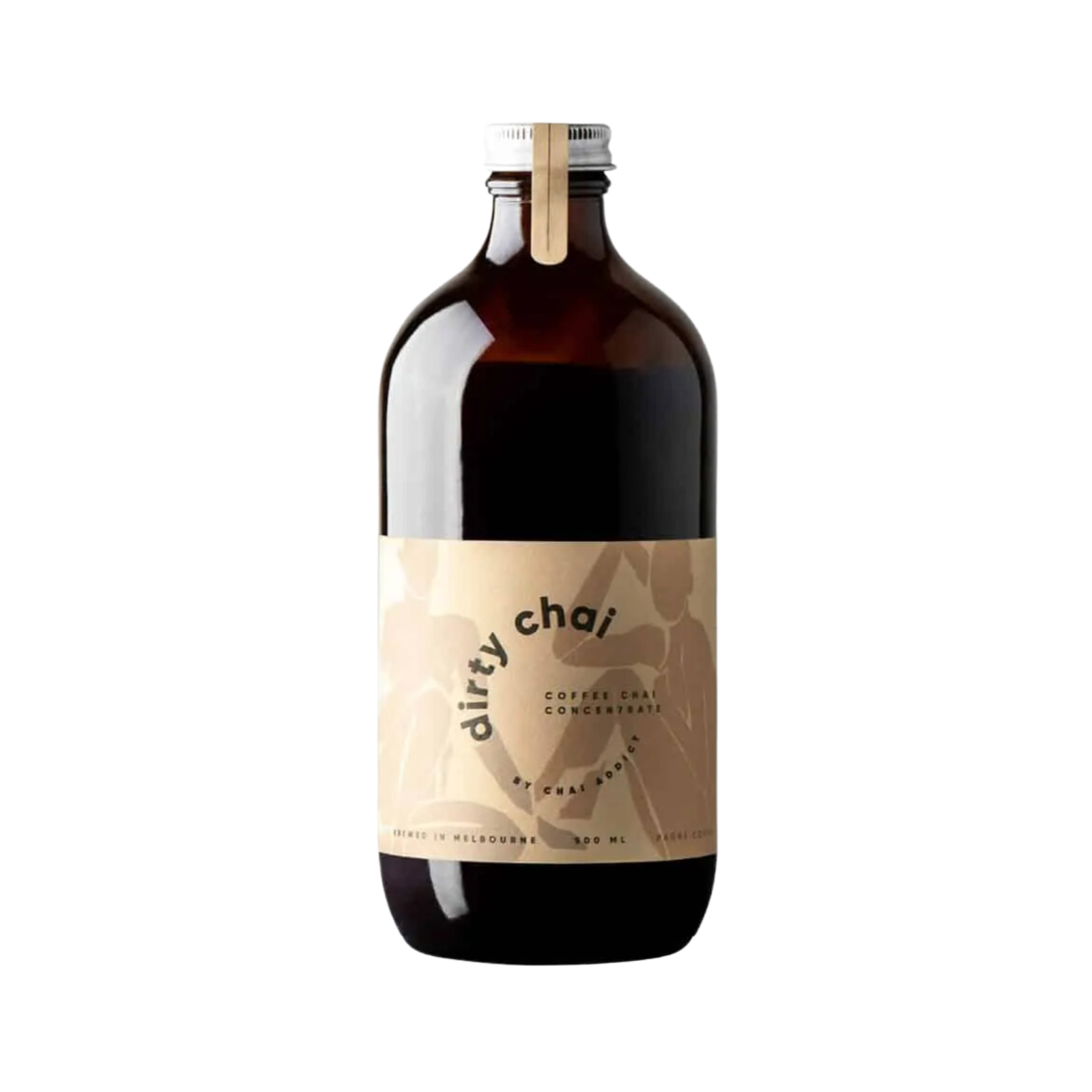 dirty chai coffee chai concentrate by chai addict bottle with a brown label, 500ml