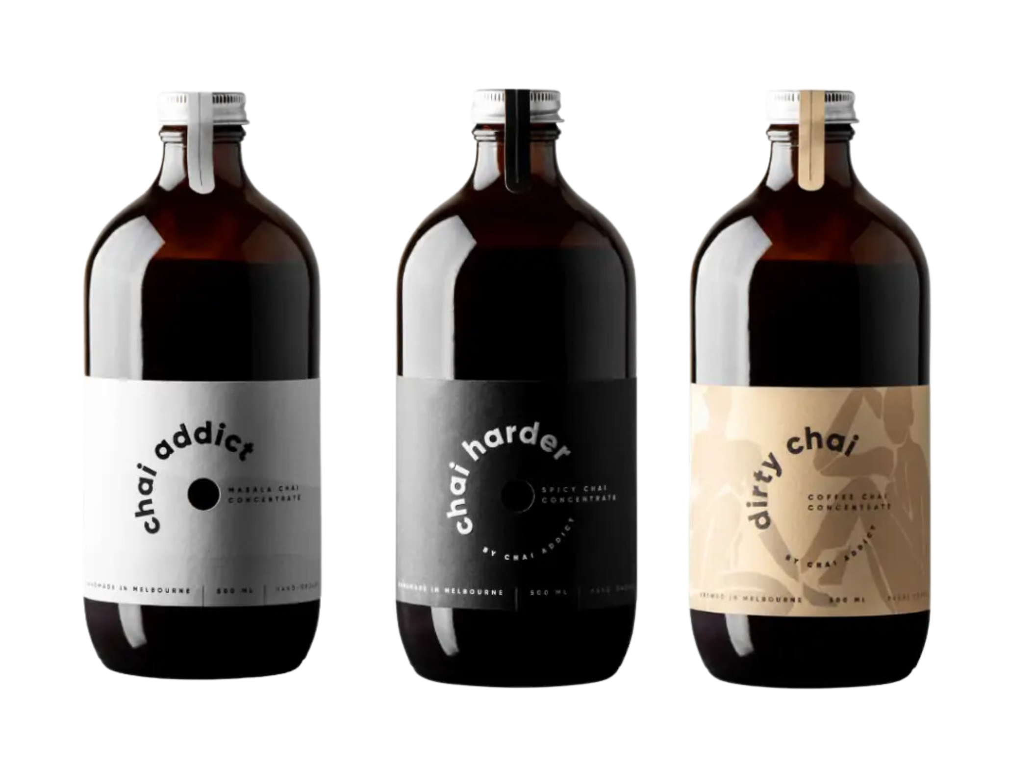 trio pack bottles of 500ml chai concentrates by chai addict, chai addict, chai harder and dirty chai flavours