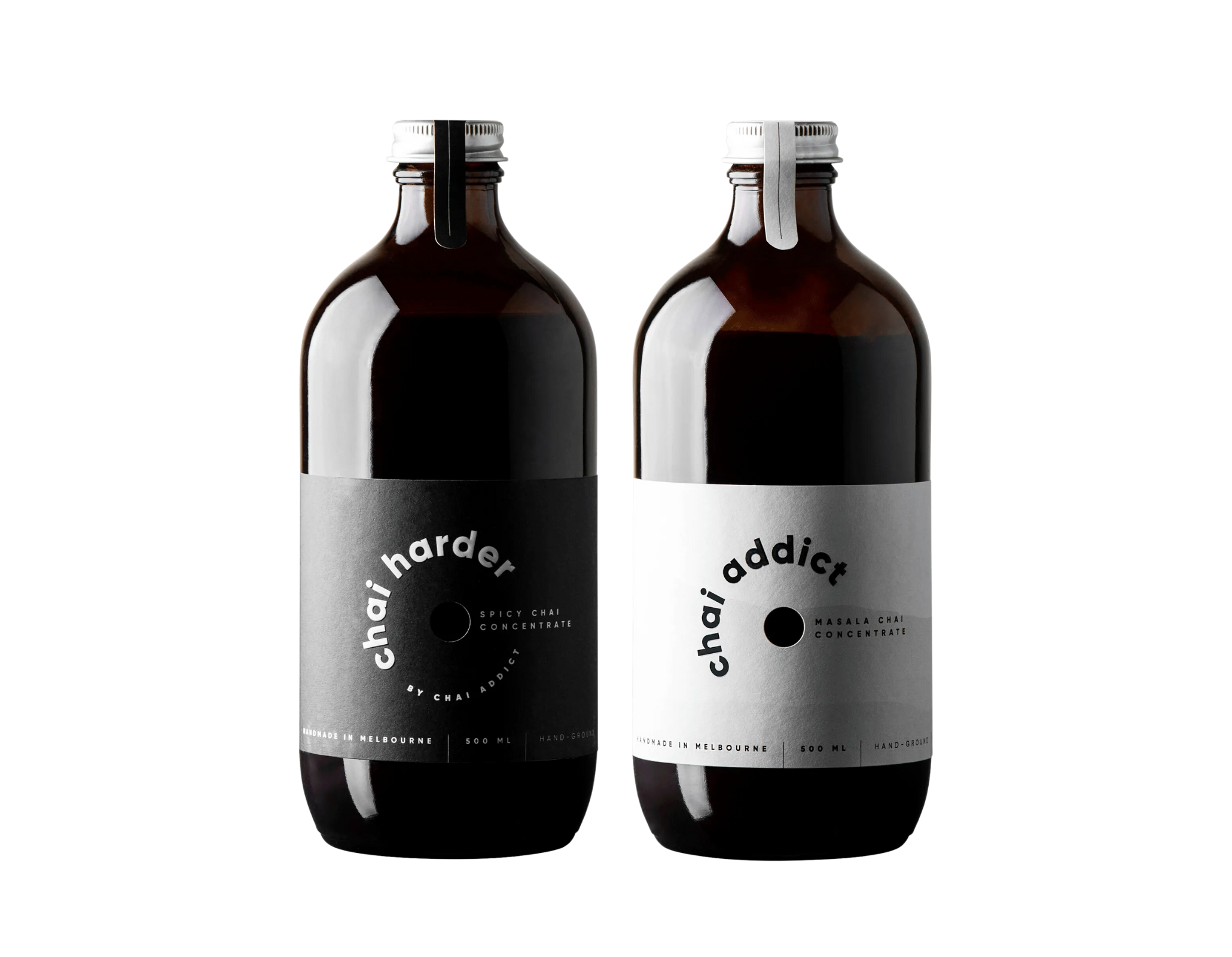 twin pack bottles of 500ml chai concentrates by chai addict, chai harder and chai addict flavours