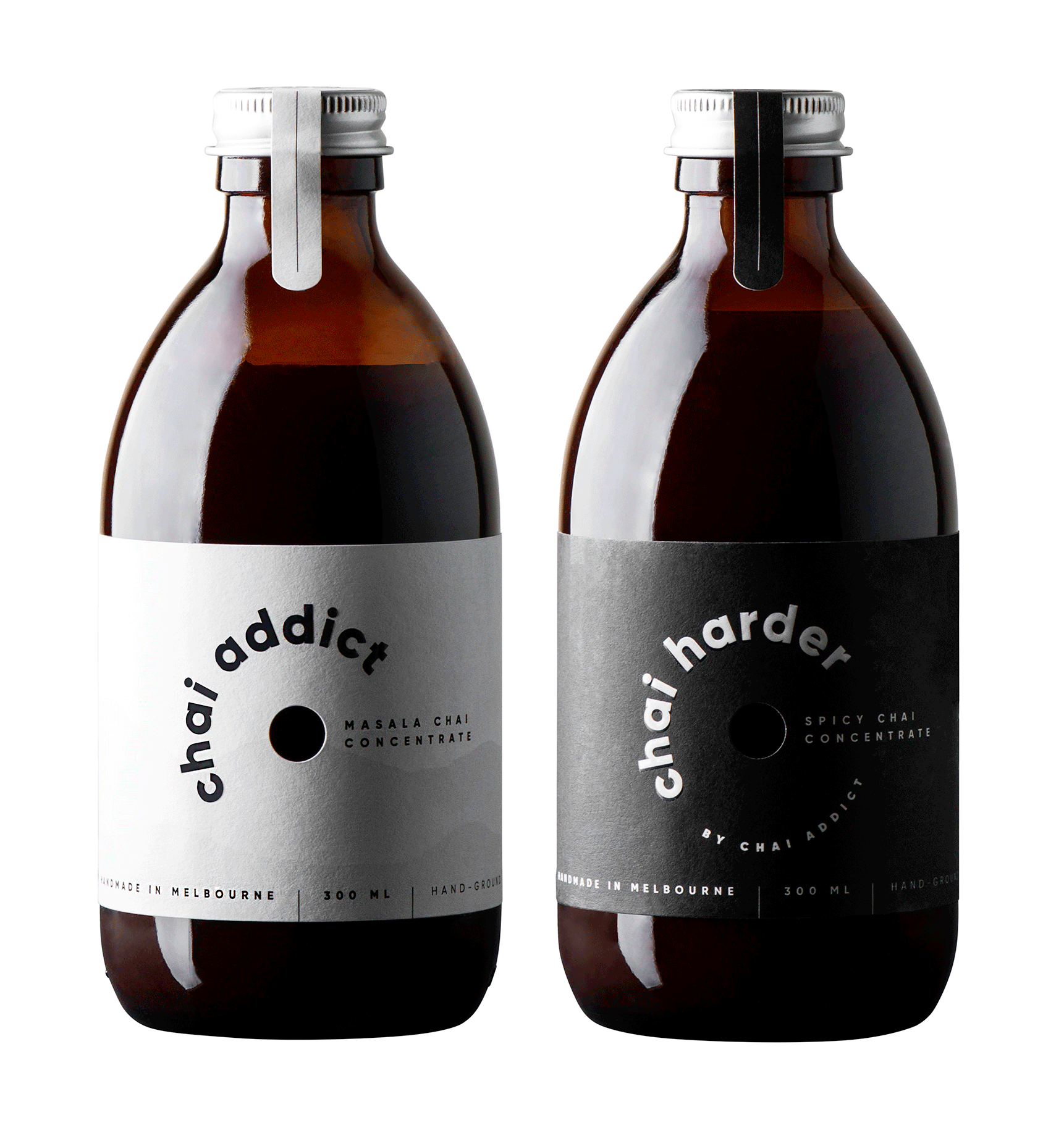 twin pack bottles of 300ml chai concentrates by chai addict, chai addict and chai harder flavours