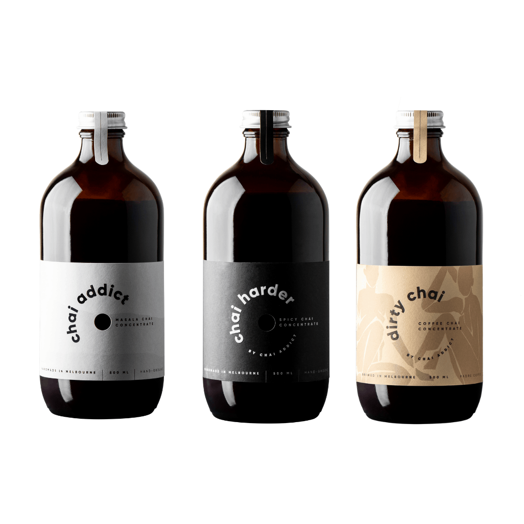 trio pack bottles of 500ml chai concentrates by chai addict, chai addict, chai harder and dirty chai flavours