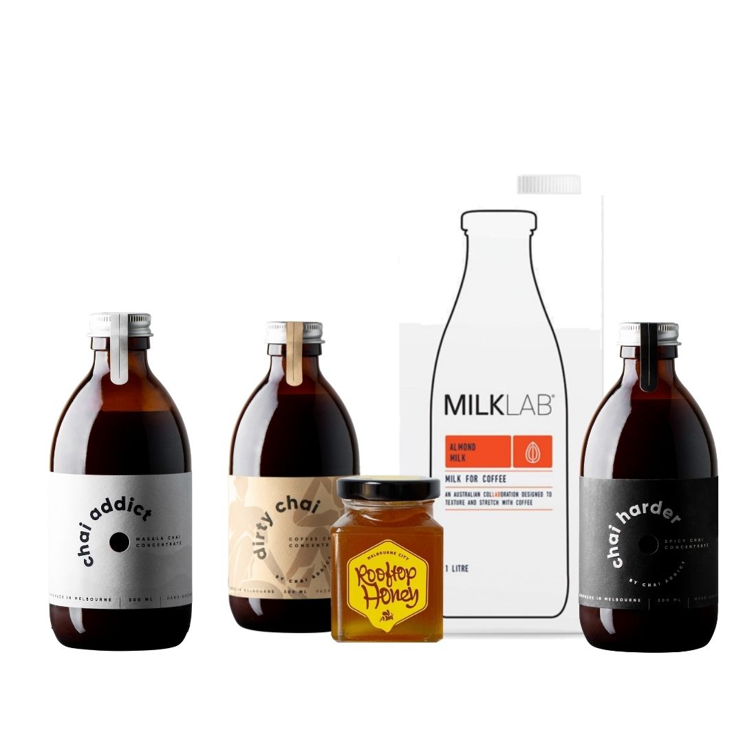 trio bundle of chai concentrates by chai addict, honey and plant milk